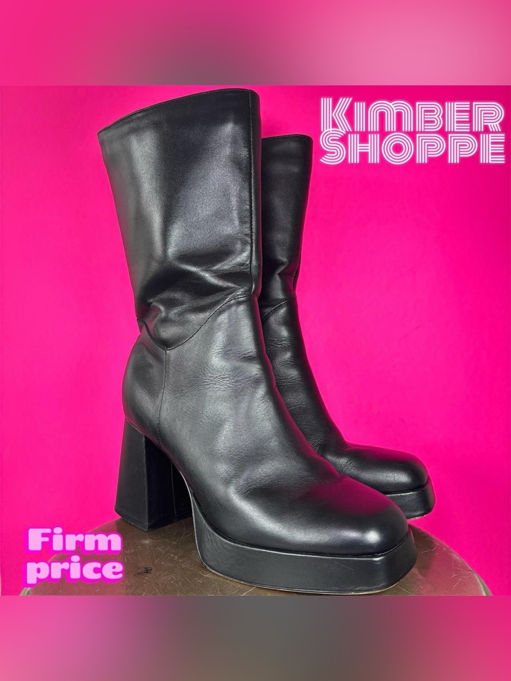Charles David Verity Black Leather Chunky Platform Mid Calf Boot US 8.5 UK 6.5